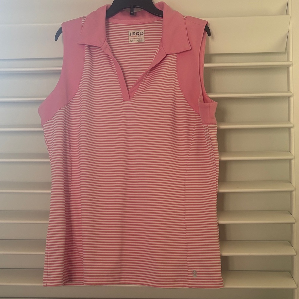 IZOD Women's  Pink White Striped Sleeveless V Neck Golf  Polo; Sz: XL EUC